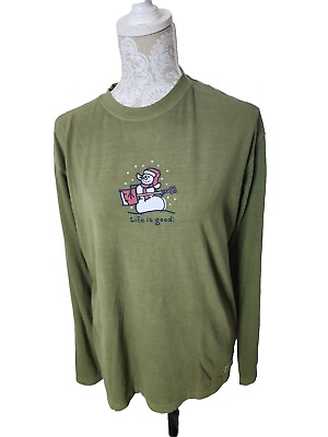 #ad LIFE IS GOOD MENS Shirt Green Long Sleeve CRUSHER TEE Jammin Snowman NWT Small $27.99
