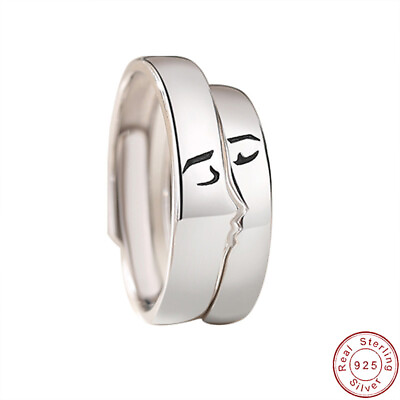 #ad European Original Kiss Couple S925 Sterling Silver Open Ring Smooth Gift Jewelry $14.68