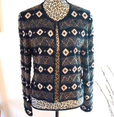 #ad Papéll Boutique Evening Ladies Beaded Silk Jacket Size:S Color:Blackamp;Gold $45.00