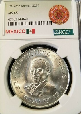 #ad 1972 MEXICO SILVER 25 PESOS BENITO JUAREZ NGC MS 65 MONSTER GEM BU BLAZING COIN $95.00
