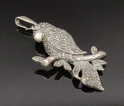 #ad 925 Silver Vintage Carved Marcasite Bird Standing On Branch Pendant PT20853 $38.17