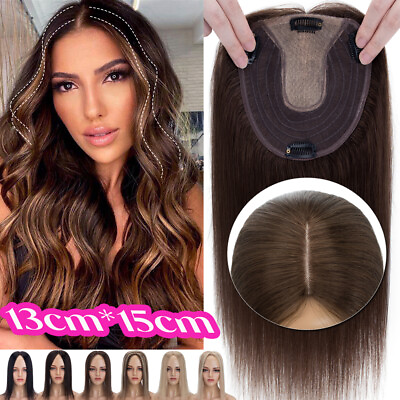 #ad CLEARANCE Clip In 100% Remy Human Hair Topper Toupee Silk Base Hairpiece 13*15CM $39.34