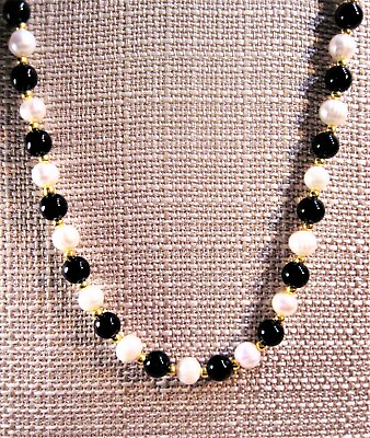 #ad Gorgeous Elegant 17quot; Gold Plated 130cttw Black Onyx amp; Pearl Necklace F89 $14.96