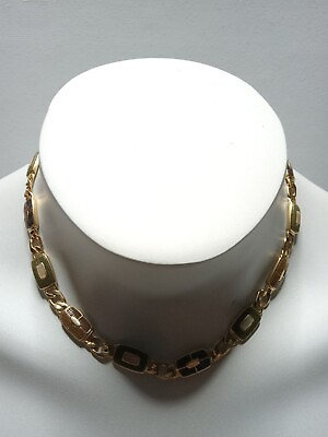 #ad Vintage MONET Gold Tone Chain Choker Necklace Brown Green Tan Enamel $10.99