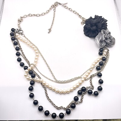 #ad New York amp; Co Multi Chain Faux Pearls Fabric Black Gray Flower Focal Necklace $14.99