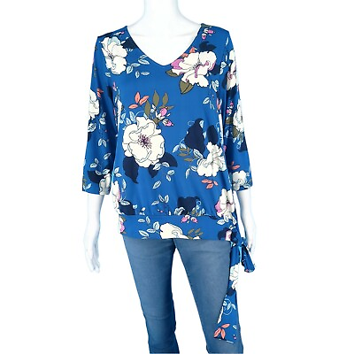 #ad GILI Trendy Top w Side Tie Detail Medium Size Blue Floral Print Modern Tee Shirt $18.69