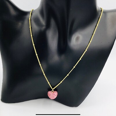 #ad Necklace Heart Dainty Satellite Chain Pink Rhinestone 3D 18k Plated Gold Tone $14.85