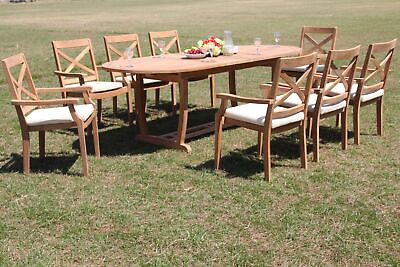 #ad 9 Piece Outdoor Teak Dining Set: 94quot; Masc Oval Table 8 Stacking Arm Chair Grand $3448.90