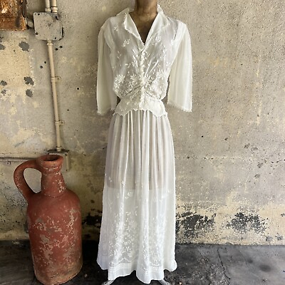 #ad Antique Edwardian White Embroidered 2 Piece Tea Dress Bridal Wedding Vintage $295.00