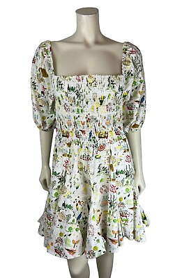 #ad NEW Rhode Astrid Smocked Printed Dress Size L Puff Sleeve Picnic White Pleat $279.99