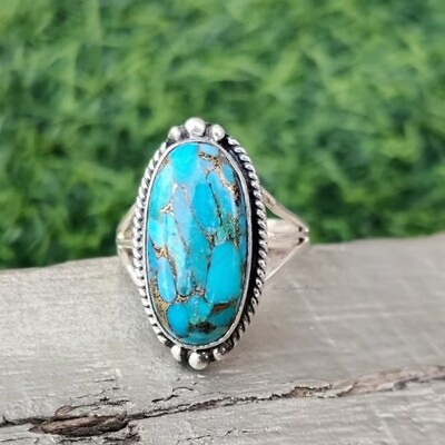#ad Sterling 925 Silver With Turquoise Oval Shaped Stone Handmade Women Ring $12.71
