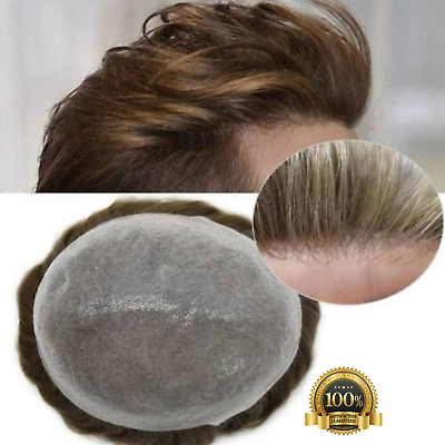 #ad Mens Toupee Thin Skin Invisible PU 0.06mm Full Poly Human Hair piece for Men Wig $169.00