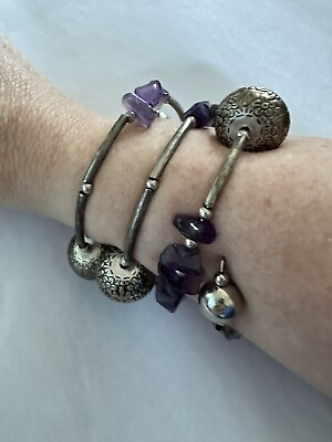 #ad Purple Silver Toned Wrap Bracelet Ornate Silver Toned Beads Amethyst Chip $15.00
