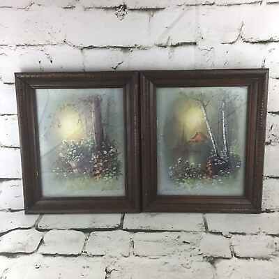 #ad Vintage Andres Orpinas Framed Art Prints Forest Cottage Collectible Set Of 2 $33.99