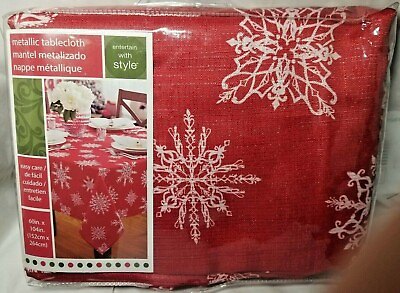 #ad Festive Red Metallic Tablecloth with White snowflakes for Fine Christmas Dinning $35.00