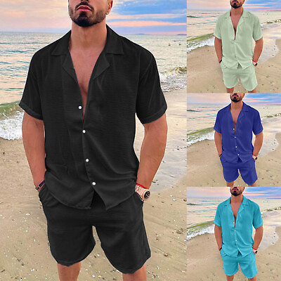 #ad Men#x27;s 2 Piece Short Sets Casual utton Down Shirt Shorts Set Summer Beach Outfits $29.82