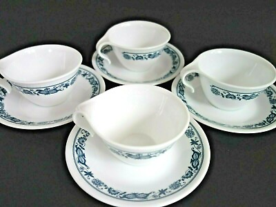 #ad Corelle Old Town Blue Onion Set 4 Coffee Cup 4 Saucer Hook Handle 8 pc Lot Vtg $14.88