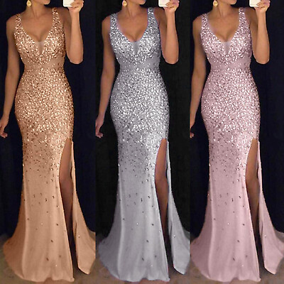 #ad Sexy Women Gown Ball For Evening Party Bridesmaid Sequin Prom V Neck Dress $33.99