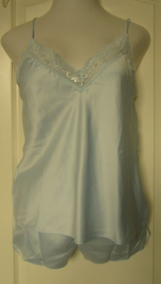 #ad Linea Donatella Aqua Satin two piece camisole and tap pant pajama set Size large $21.95