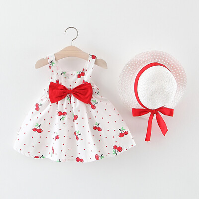 #ad Toddler Girls Outfits Sleeveless Princess Dot Bow Girls Dresses Hat Outfitsamp;Set $13.49
