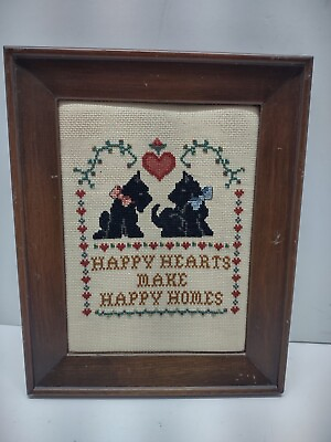 #ad Scottish Terrier Cross Stitch Framed Happy Hearts Make Happy Homes $16.99