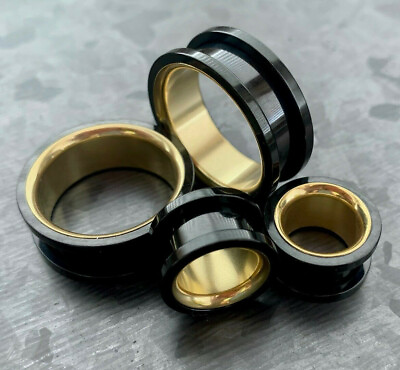 #ad PAIR Black with Gold Interior Screw Fit Tunnels Ear Plugs Earlet Gauges $11.95