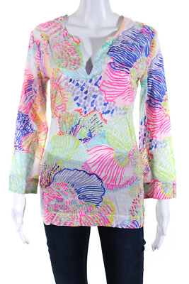 #ad Lilly Pulitzer Women#x27;s Printed 3 4 Sleeve V Neck Tunic Blouse Multicolor Size M $42.69