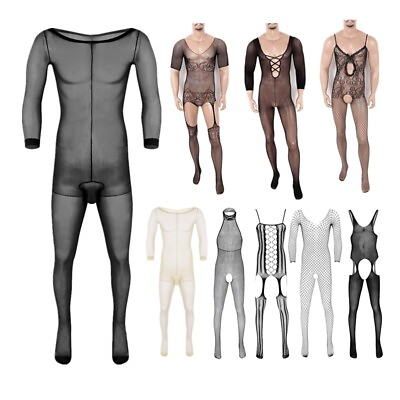 #ad US Men Fishnet Bodystocking Full Body Stocking Tight Pantyhose Bodysuit Lingerie $8.45