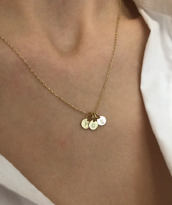 #ad Three Custom Gold Disc Letters Women#x27;s Necklace In Real 14K Yellow Gold $648.70