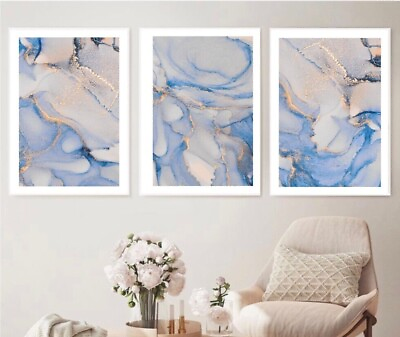 #ad Blue pastel gold alcohol inks wall Art Prints set of 3 Abstract marble GBP 61.99