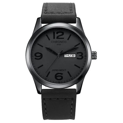 #ad Men’s Watch Black Dial High Quality Japan Movement Stainless Steel Leather Gift $19.99