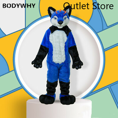 #ad Blue Long Fur Husky Fox Dog Wolf Dog Fox Mascot Costume Cosplay Party Fursuit $529.12