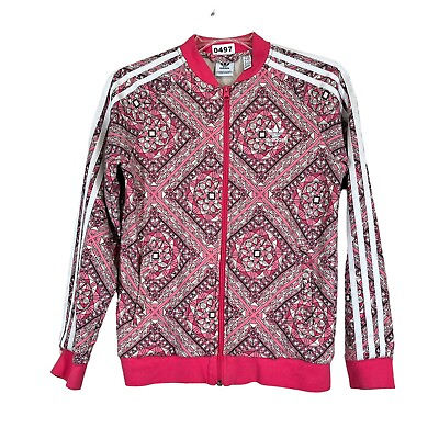 #ad Adidas Originals Girls Track Jacket Size 11 12Y M Pink Geometric Full Zip Pocket $16.05