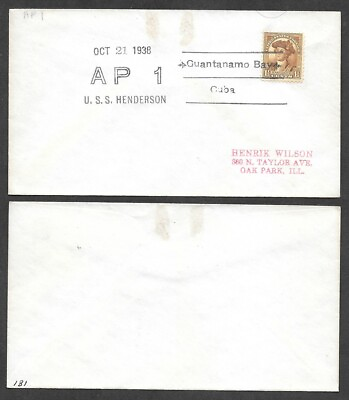 #ad 1938 Ship Cover U.S.S. Henderson AP 1 Guantanamo Bay Cuba $4.50