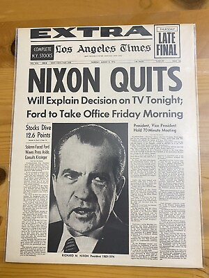 #ad VINTAGE NEWSPAPER HEADLINE IMPEACHED NIXON RESIGNS QUITS FORD US PRESIDENT 1974 $14.49