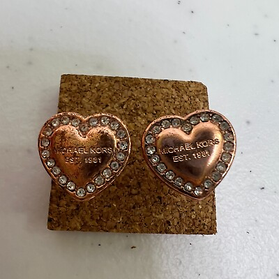 #ad Michael Kors Heart Earrings Rose Gold Rhinestone Stud Crystal Logo MK $10.00
