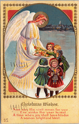 #ad 1912 Christmas embossed Postcard Angel Provides Gifts to Children Gold Gilt $6.99