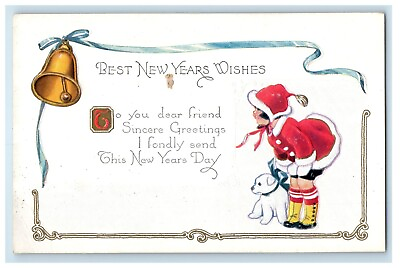 #ad c1910#x27;s New Year Greetings Girl Santa Claus Dog Bell Embossed Antique Postcard $7.95