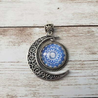 #ad Large Moon Pendant with Blue Patterned Circle No Chain Included $13.99