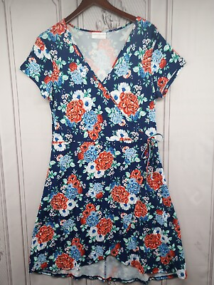 #ad Bobbie Brooks Ladies Dress SZ L Faux Wrap Tie Soft Stretch Blue Floral EUC Comfy $14.95
