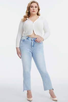 #ad BAYEAS Full Size High Waist Raw Hem Washed Straight Jeans $57.49