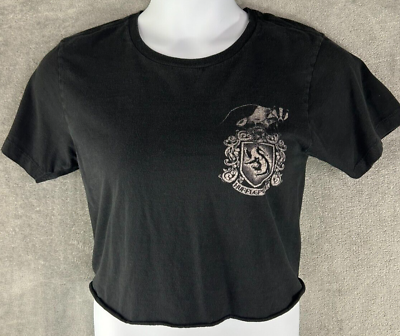 #ad Harry Potter Women#x27;s Small Hufflepuff Cropped Shirt Black Top Logo Graphic Tee $11.97