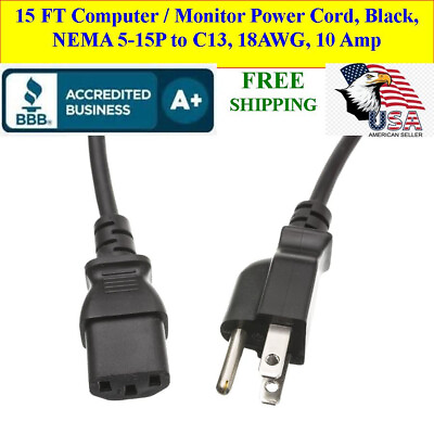#ad 15 FT Computer Monitor Power Cord Black NEMA 5 15P to C13 18AWG 10 Amp $13.95