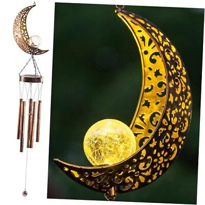 #ad Solar Wind Chimes Moon Wind Chime Crackle Glass Ball Warm LED Moon Gift $31.98