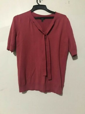 #ad Talbots Size L Crimson Red Pussy Tie Neck Cotton Blend Sweater Top Women CN904 $59.00