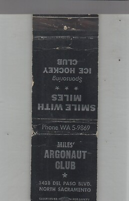 #ad Matchbook Cover Miles#x27; Argonaut Club North Sacramento CA $4.95
