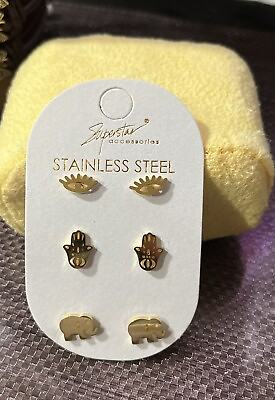 #ad Eye Hand Elephant Stainless Steel Gold Tone Post Earrings Set Of 3 👌👌 $9.00