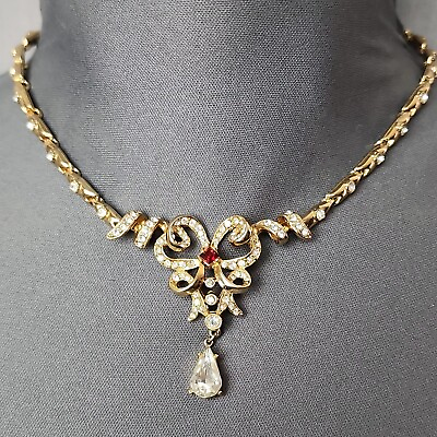 #ad Vintage 1940s Rhinestone Bow Choker Necklace 15quot; Gold Tone $48.00