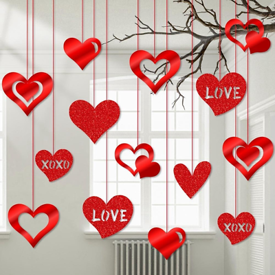 #ad 16 Pack Valentines Day Hanging Decorations Valentine Heart Decor Glitter Valent $9.99
