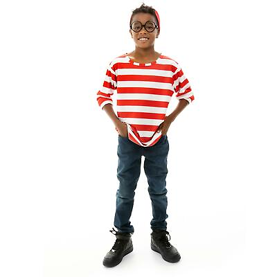 #ad Where#x27;s Wally Kids Waldo Costume Kit: Red White Striped T Shirt Hat Glasses $29.99